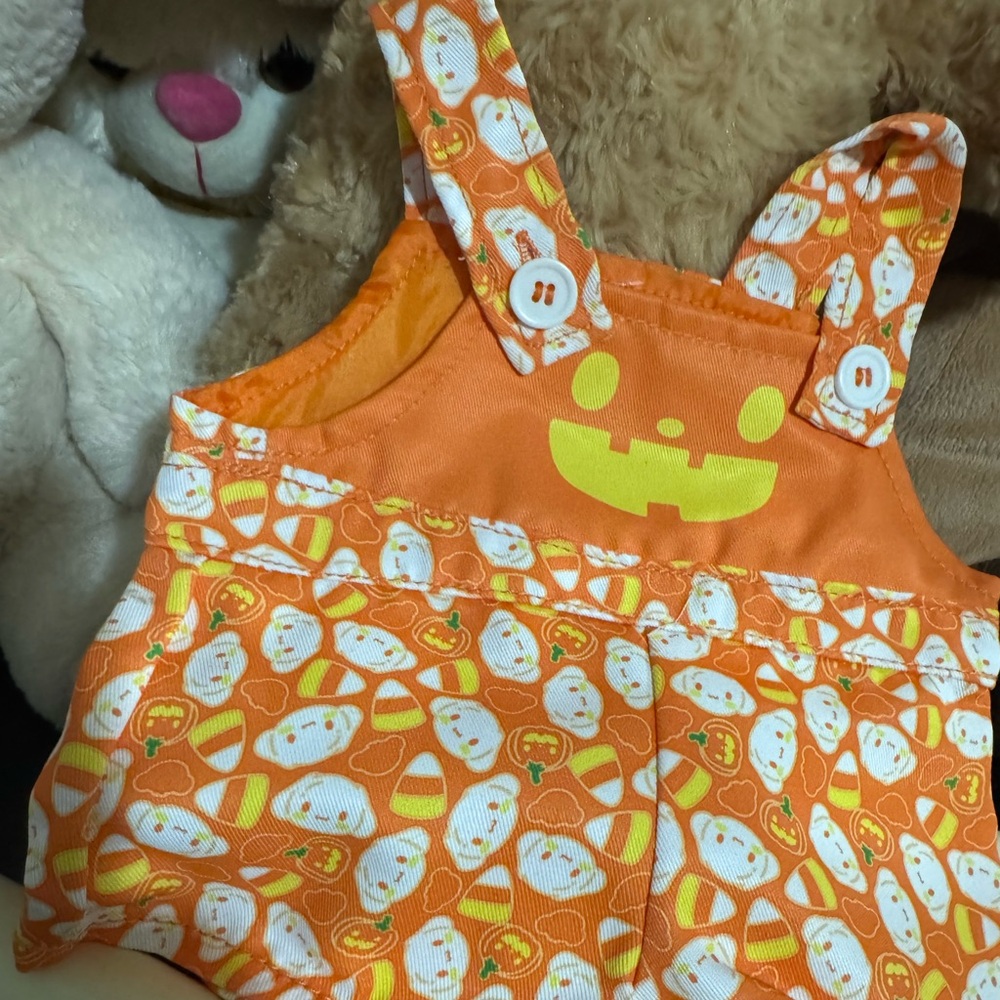 Build A Bear Cinnamoroll OUTFIT Halloween Orange Candy Corn Pumpkin OVERALLS NWT